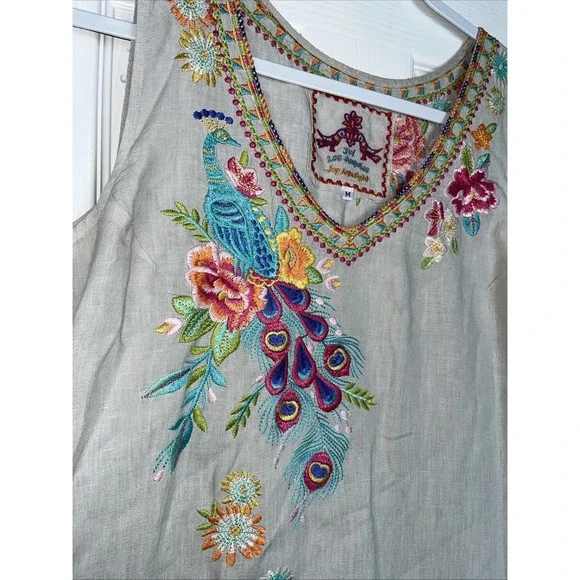 Johnny Was JW Los Angeles Gray Linen Floral Peacock Embroidered Dress Women's M Johnny Was JW Los Angeles Gray Linen Floral Peacock Embroidered Dress Women's M